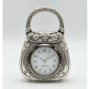 Brighton Silver Purse Desk Clock & Table Handbag Hook Floral Crystal Accent
